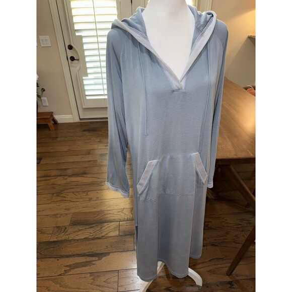 Donna Nadeau Blue Hooded Tunic Dress Size XL Long Sleeve Angora Blend Pocket - Picture 1 of 13